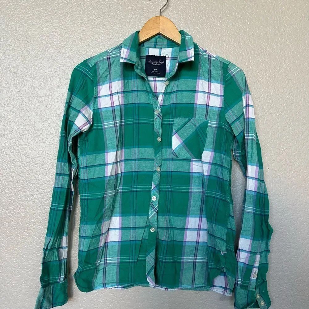American Eagle Flannel Teal Green Button Down Shirt S